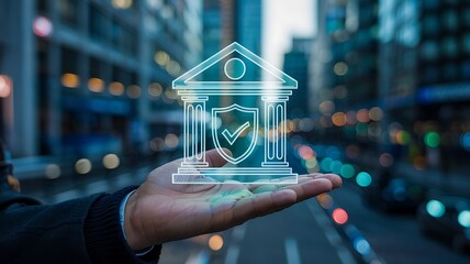 Hand holding glowing digital bank building icon with shield and checkmark overlay against a blurred city background symbolizing financial security and trust