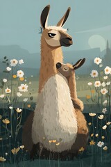 Llama Mother and Baby Embracing in a Wildflower Meadow Illustration