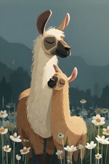 Llama Mother and Baby Embracing in a Serene Field of White Daisies