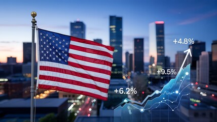 American flag waving in front of a city skyline with a rising financial graph indicating economic growth and success