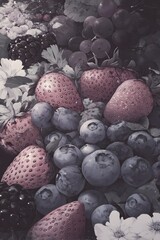 Stylized Still Life Composition of Fresh Strawberries, Blueberries, Blackberries, and Grapes with Floral Accents