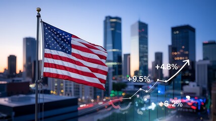 American flag waving in front of a city skyline with financial growth charts and stock market data overlayed at dusk