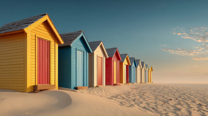 Colorful Row of Beach Huts on Sandy Shoreline at Sunrise