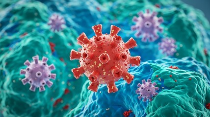 Fototapeta premium Microscopic view of a vibrant red coronavirus particle surrounded by smaller purple virus particles against a textured blue and green background