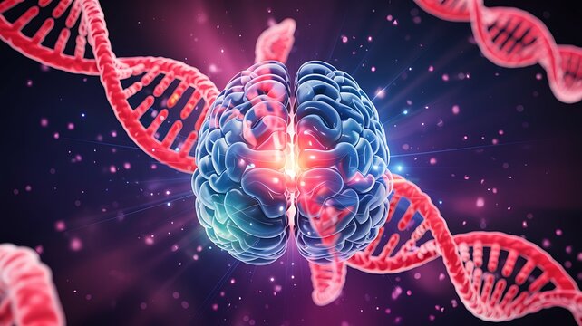 Abstract visualization of a human brain intertwined with glowing red dna double helix strands representing genetic science and neuroscience research