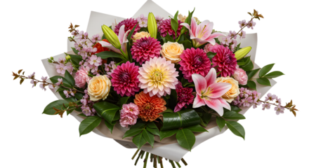 Beautiful bouquet of mixed flowers with lilies, dahlias, roses, and greenery in soft pink and peach tones, perfect for weddings or romantic occasions