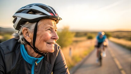 Senior cycling flushed cheeks portrait. Natural portrait of elder with flushed cheeks post-cycling, showing real texture and glow.