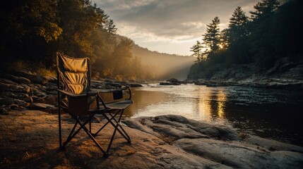 Fototapeta premium Folding chair by river at sunset