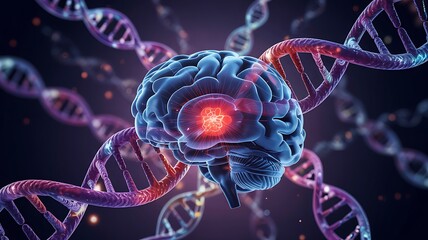 Abstract visualization of a human brain with glowing red center surrounded by swirling dna strands representing genetic science and neuroscience research