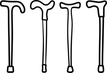 Flat vector illustration, walking cane icons, mobility aid, ergonomic handle, crook handle, walking stick, medical support, accessibility equipment, rehabilitation device, assistive technology