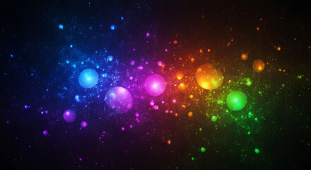 Colorful array of glowing spheres with a dark cosmic background glow