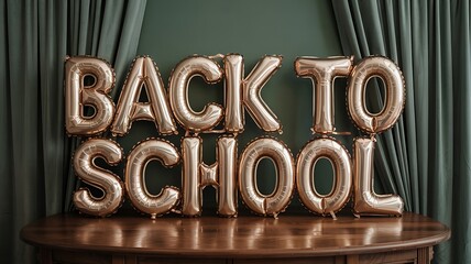 Golden rose gold foil balloons spell out back to school message arranged on a wooden table against a dark green curtain background