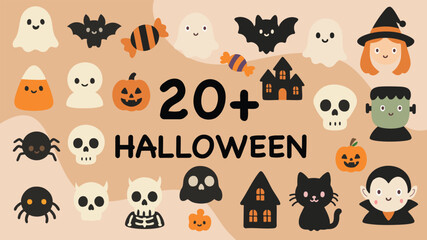 Fun halloween icon set pumpkin ghost bat skull witch