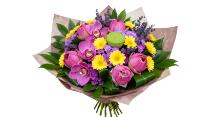 Bright mixed flower bouquet with pink orchids, yellow daisies, and green leaves wrapped in brown paper, perfect for gifts and celebrations