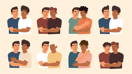 Diverse men couples posing casual friendly illustration character set