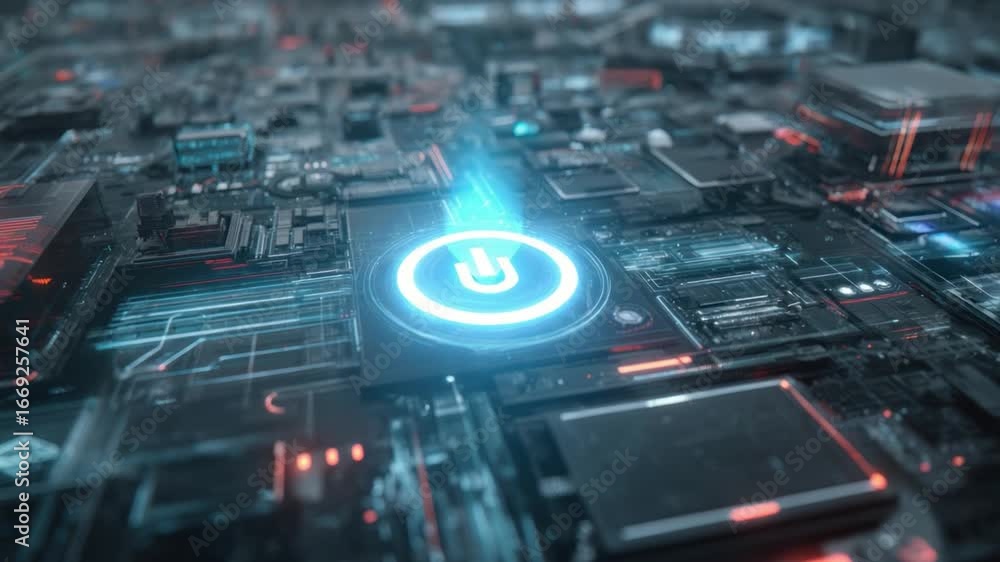 Poster digital power on: an illuminated power button glows on a complex circuit board, symbolizing innovati