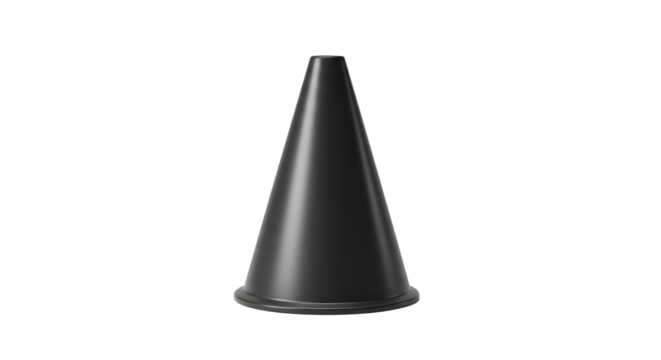 Black traffic cone isolated on white background for road safety and construction, perfect for safety presentations and instructional materials
