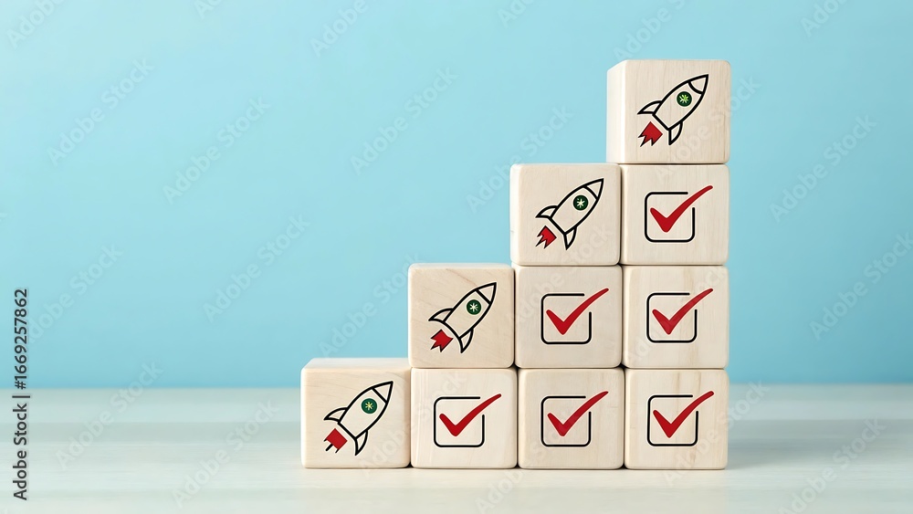 Poster wooden blocks stacked in ascending steps with rocket and checkmark icons symbolizing progress and co