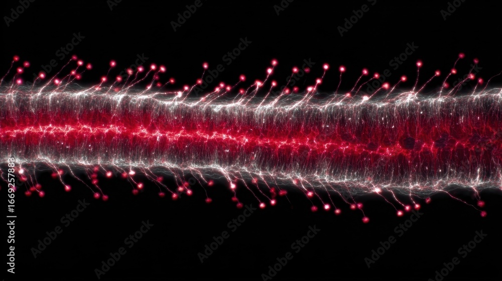 Poster Microscopic view of sarcomere shortening showing dynamic red flashes representing muscle fiber activity.