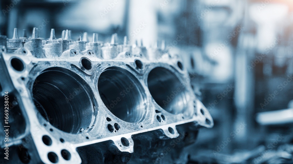 Poster focused medium shot of an engine block undergoing xray inspection showing detailed internal structur
