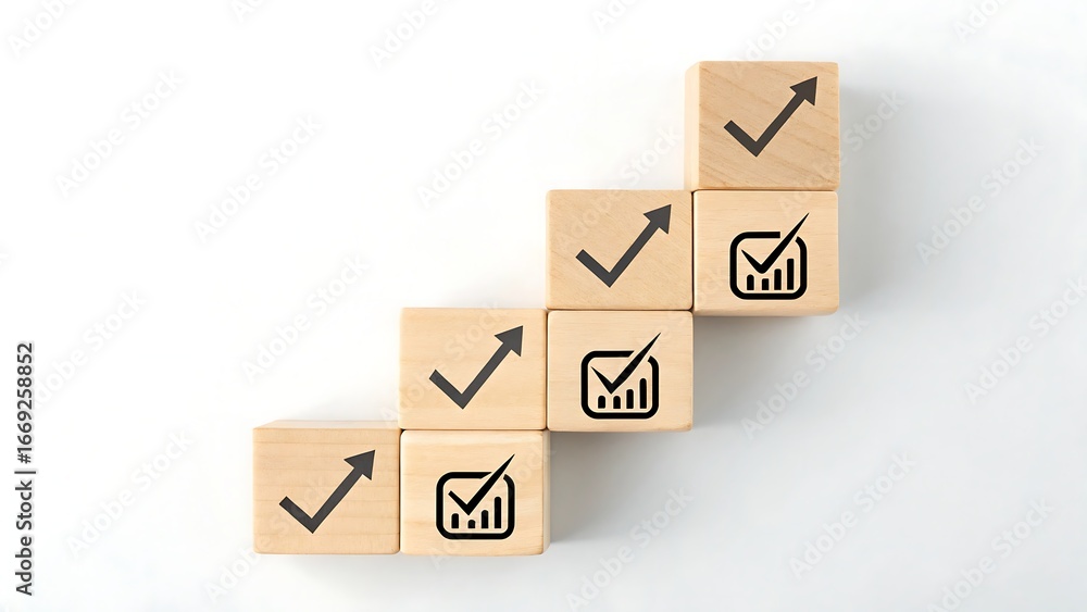 Aufkleber stacked wooden cubes showing upward trend graphs and checkmarks in a stair-step pattern growth progr