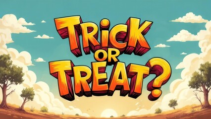 Vibrant 3D 'Trick or Treat?' Text in Playful Cartoon Halloween Landscape