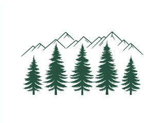 Fototapeta premium A line art illustration features a row of stylized pine trees in front of a series of tall, jagged mountains. The design is clean and minimalist against a white background.
