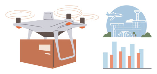 Drone carrying a package in flight, airport terminal with plane taking off, and bar chart displaying data. Ideal for logistics, delivery, technology, innovation, transport business analysis. Simple
