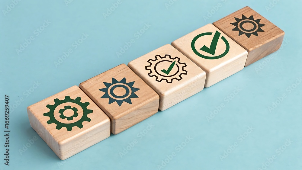 Aufkleber wooden blocks arranged in a line with icons representing process steps and success arrangement