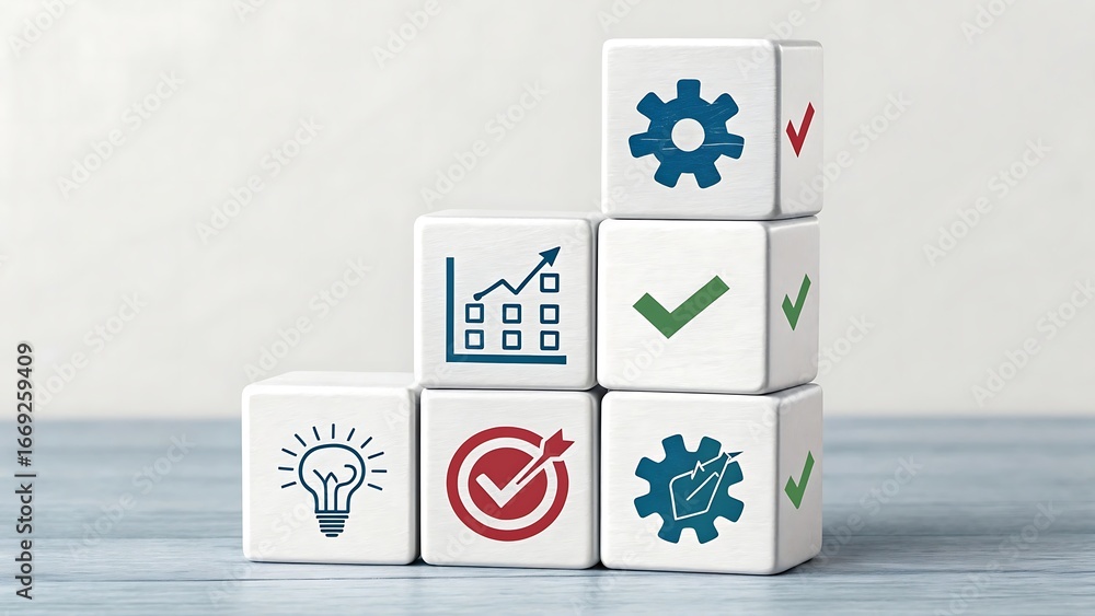 Poster stacked cubes with icons symbolizing business growth, idea generation, and project completion image