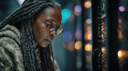 Network specialist intently reviewing patch documentation with focused face background screens softly blurred showing realtime system activity.