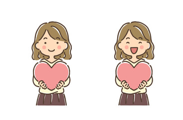 大きなハートを持っている笑顔の若い女性（表情違いセット）