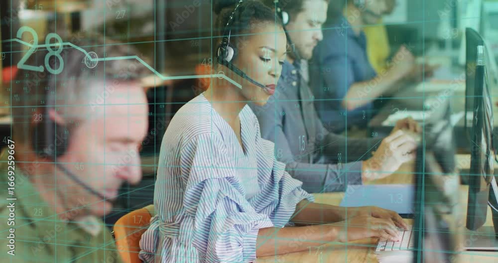Poster female agent typing and driving animated data graphs monitoring call center performance metrics