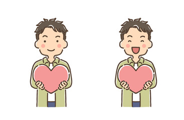 大きなハートを持っている笑顔の若い男性（表情違いセット）