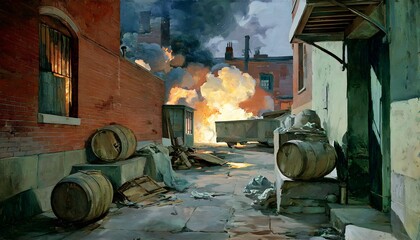 Dramatic Urban Alley Fire Scene with Thick Smoke and Debris, Oil Painting Style