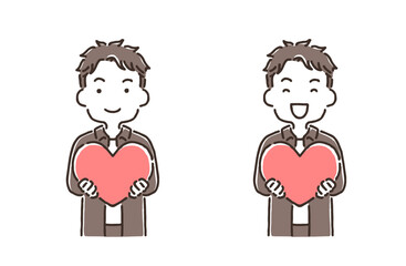 大きなハートを持っている笑顔の若い男性（表情違いセット）