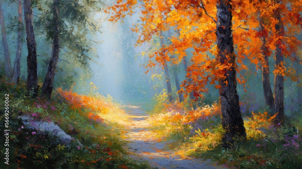 Poster serene autumn forest path with lush foliage and soft light
