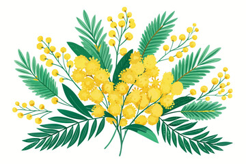 Yellow Mimosa Flower Branch Isolated on White Background – Acacia Dealbata Blossom Illustration
