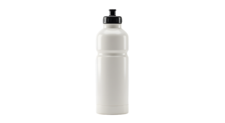 White sports water bottle with black cap isolated on white background, perfect for fitness and outdoor activities
