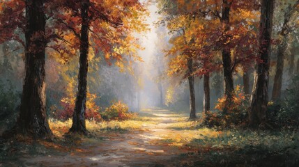Tranquil Autumn Scene with Golden Leaves and Soft Morning Light