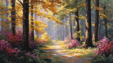 Fototapeta premium Tranquil Autumn Forest Scene with Colorful Foliage and Pathway