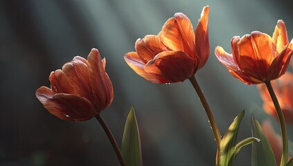 Three vibrant orange tulips bathed in sunlight (1)