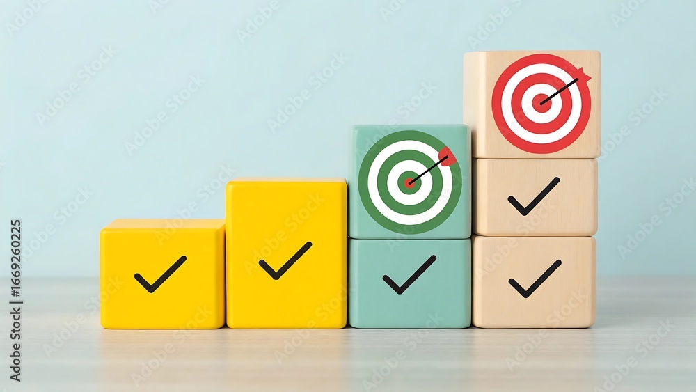 Aufkleber stacked wooden blocks with checkmarks and target icons in ascending order against a light blue backg