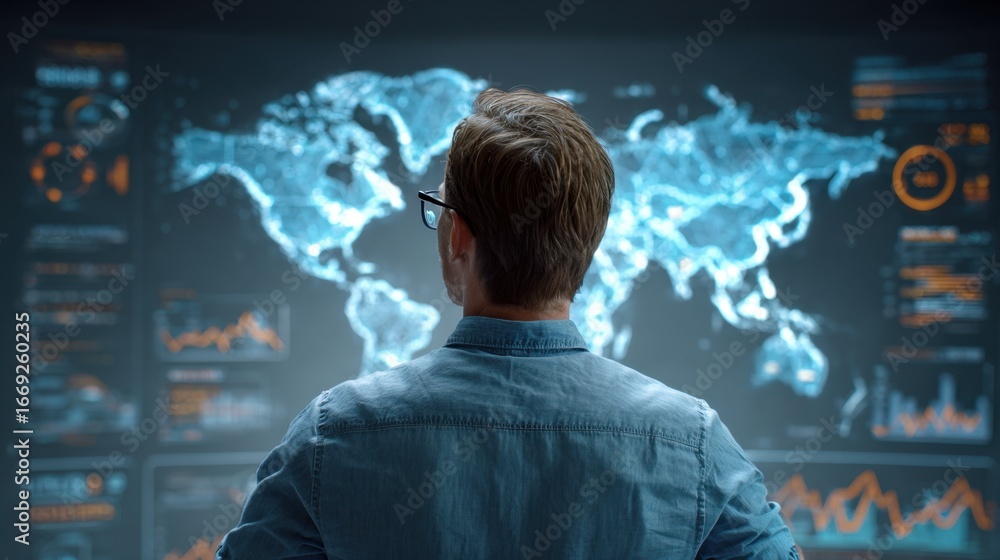 Aufkleber man analyzing global data on digital screen with analytics symbols