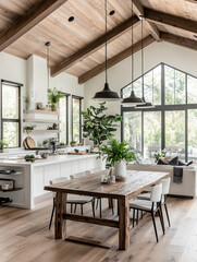 A stunning modern farmhouse interior with a vaulted wooden ceiling and large windows overlooking lush greenery. The open-plan space features a kitchen island, dining table, and living area.