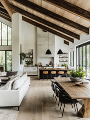 A stunning modern farmhouse interior with a vaulted wooden ceiling and large windows overlooking lush greenery. The open-plan space features a kitchen island, dining table, and living area.