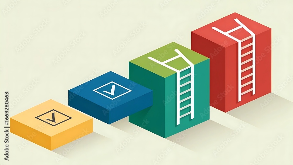 Aufkleber isometric blocks forming a staircase with checkmarks and ladders progress growth