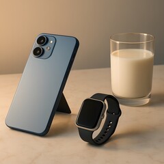 glass of milk and mobile phone with clock