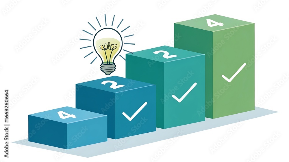 Aufkleber isometric blocks with numbers and checkmarks forming a staircase with a lightbulb icon idea innovati