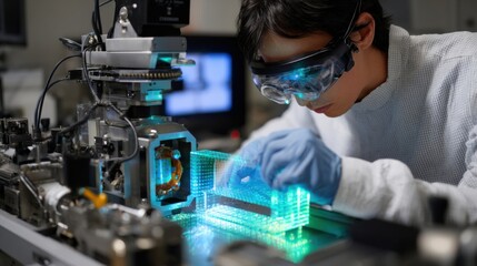 A snapshot of the calibration procedure depicting a technician adjusting the optical components to ensure precise hyperspectral measurements for accurate PET flake grading.